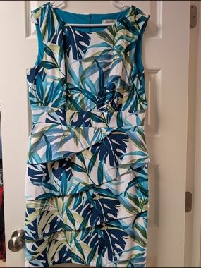 Dress Barn Sleeveless Tropical Leaf Midi Dress in Teal, Navy and Green